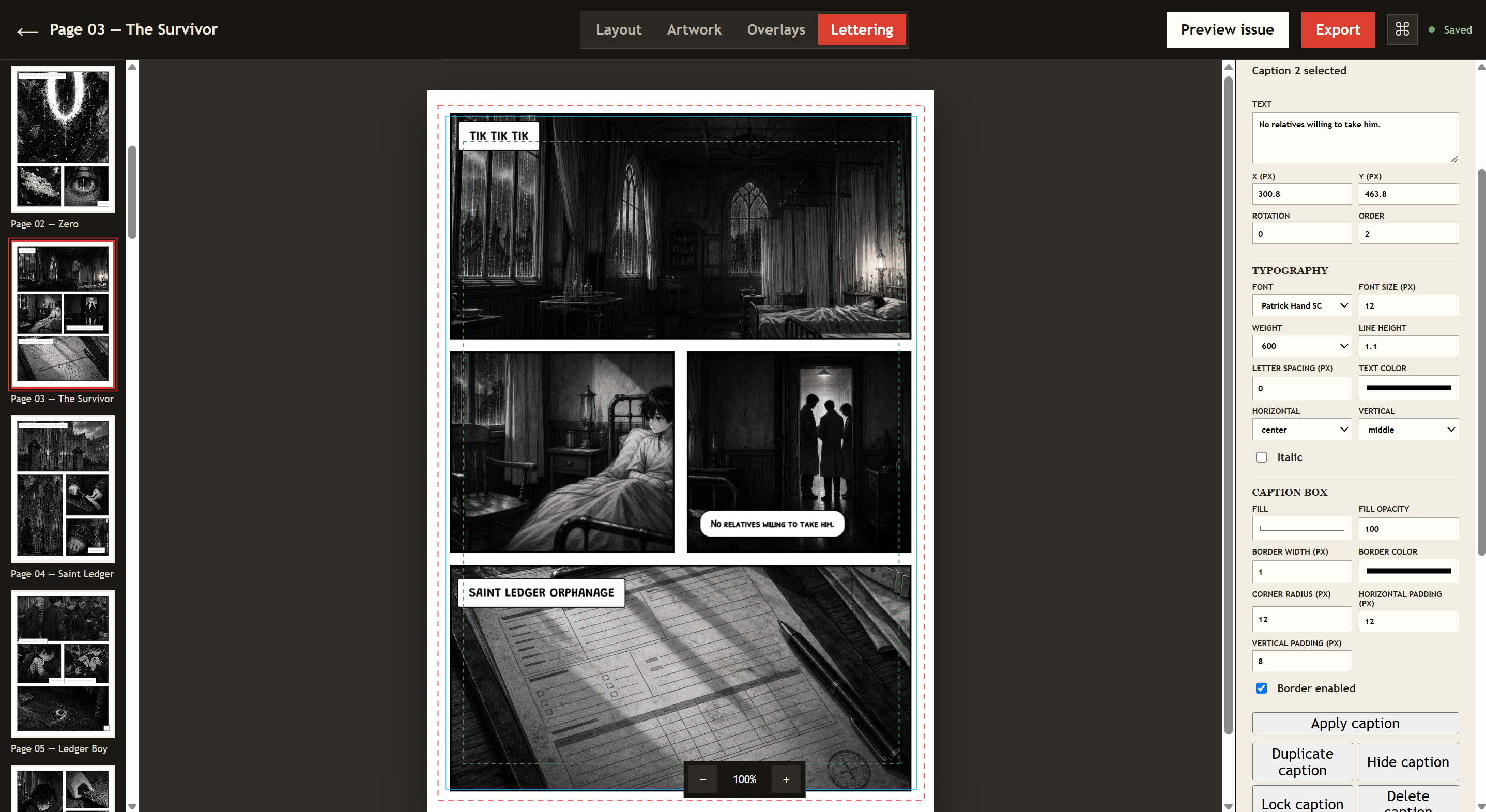 ComicBench editor showing a black-and-white comic page in the lettering workspace
